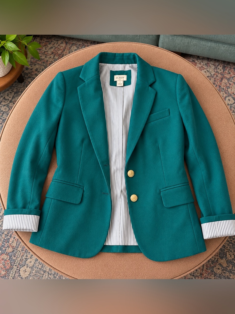 J.Crew Women’s Blazer Size 2 Teal Green Gold Button Striped Lining Preppy